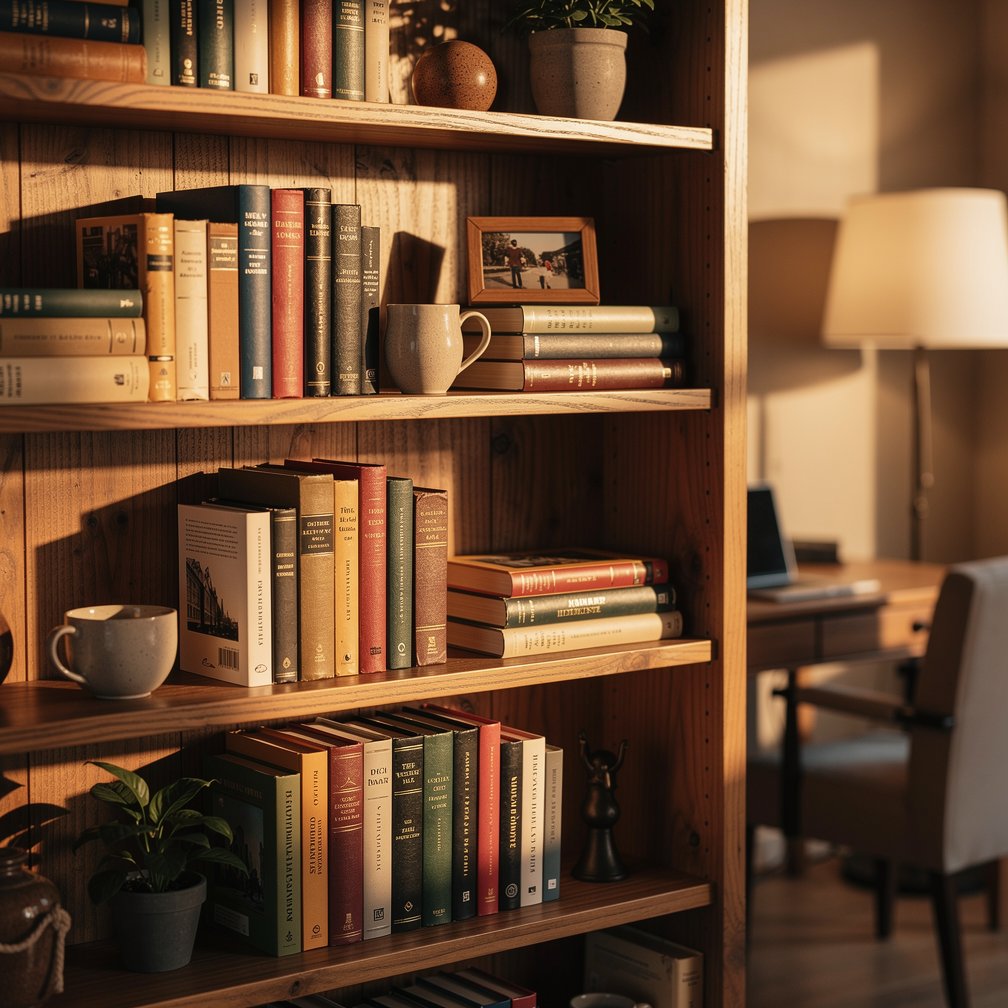 Wooden bookshelf filled with books in a home office, warm atmosphere.