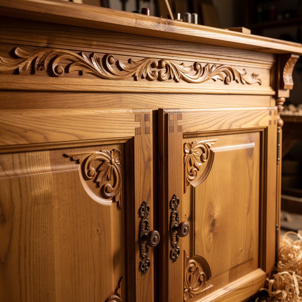 Close up of a handcrafted wooden cabinet with intricate details, woodworking craftsmanship.