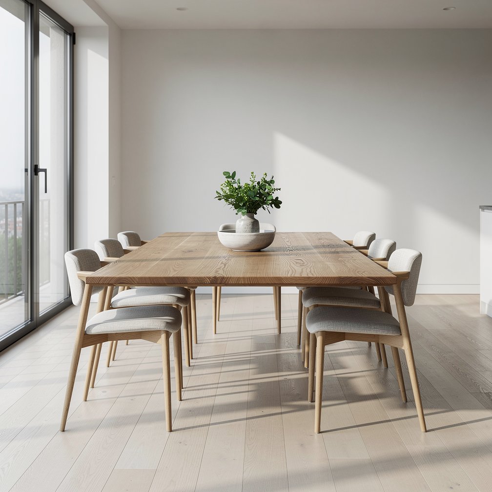 Professional photo of a luxury solid oak dining table in a modern bright dining room.