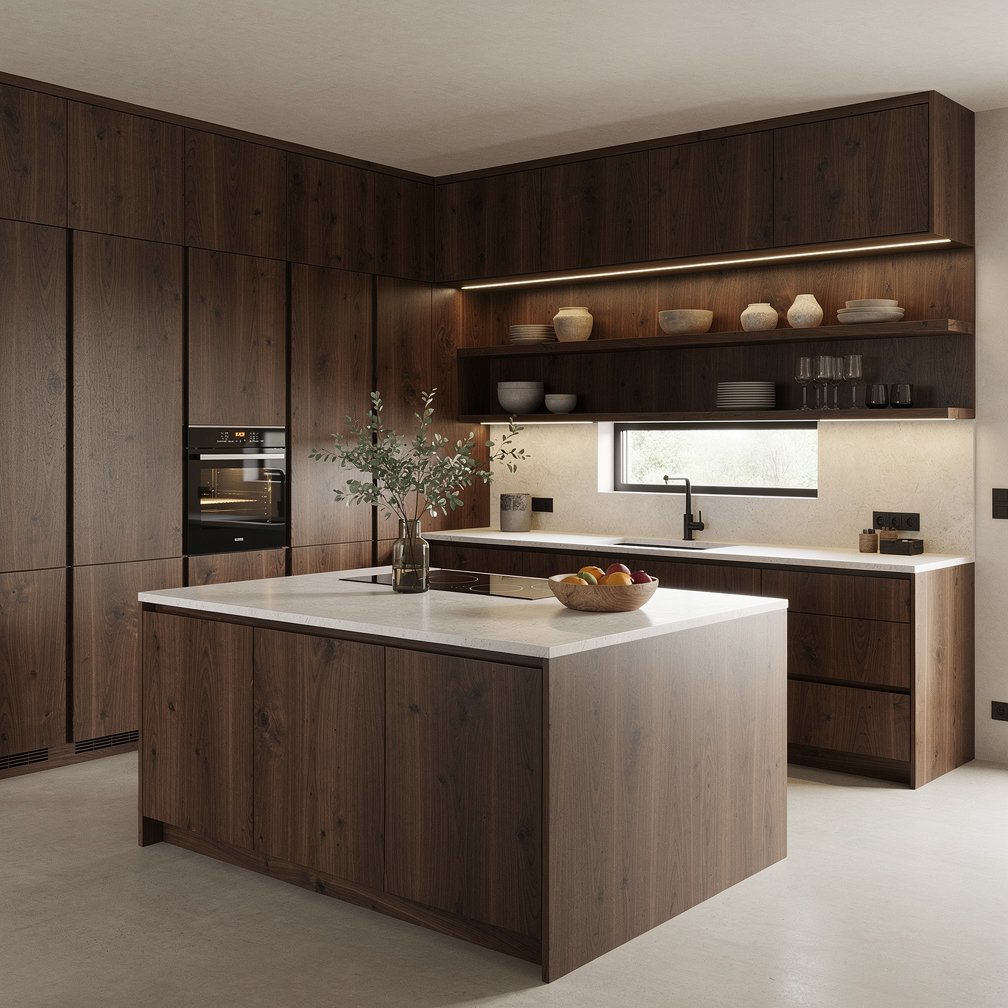 Modern rustic kitchen made of dark walnut wood, minimalist design.